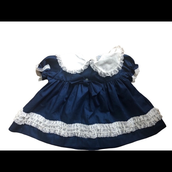 VTG Mini World 2PC Baby Girl Dress/Lace Panty Set Navy White Puppy Bow 9-12MO - Picture 2 of 7